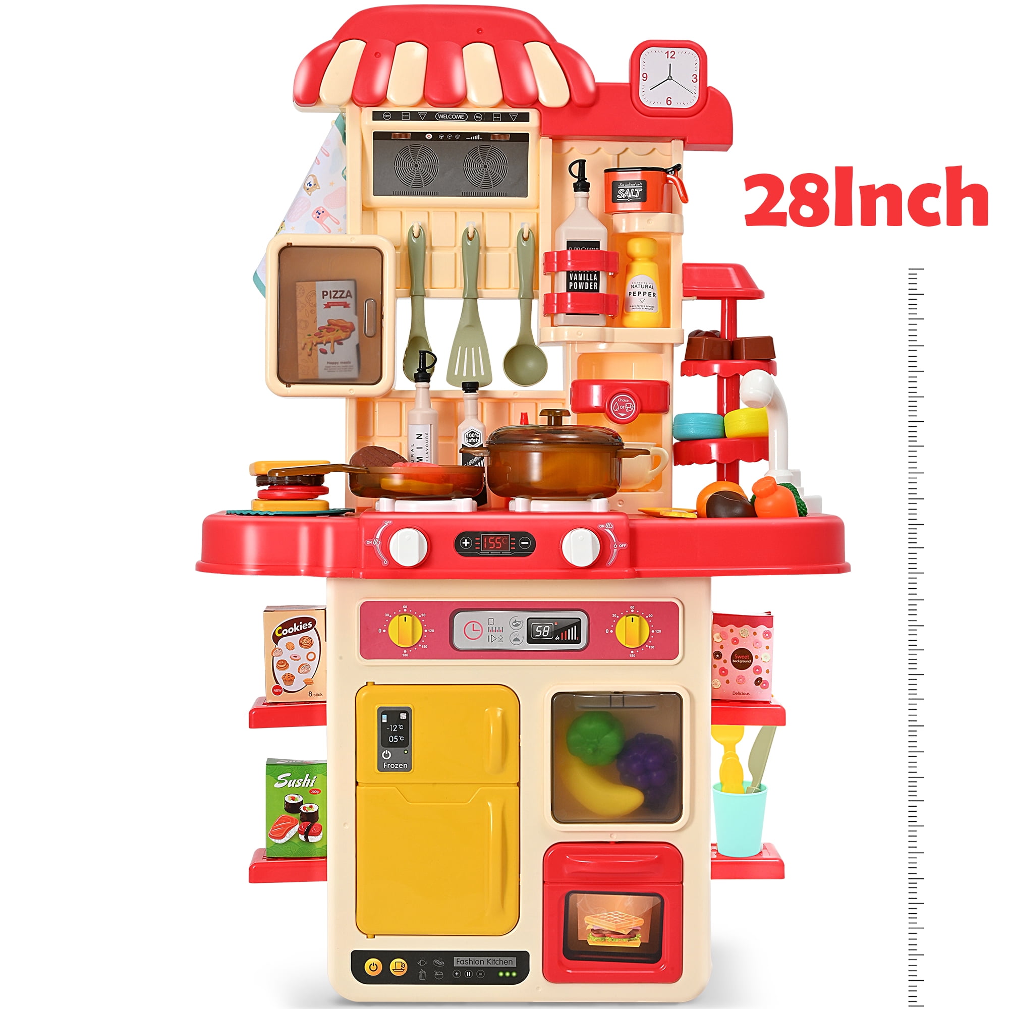 Kitchen Playset, 48Pcs 28Inch Pretend Play Food Toys Kitchen Set for Boys and Girls, Kitchen Toys with Realistic Lights&Sounds, Simulation of Spray and Play Sink,  with Toddler