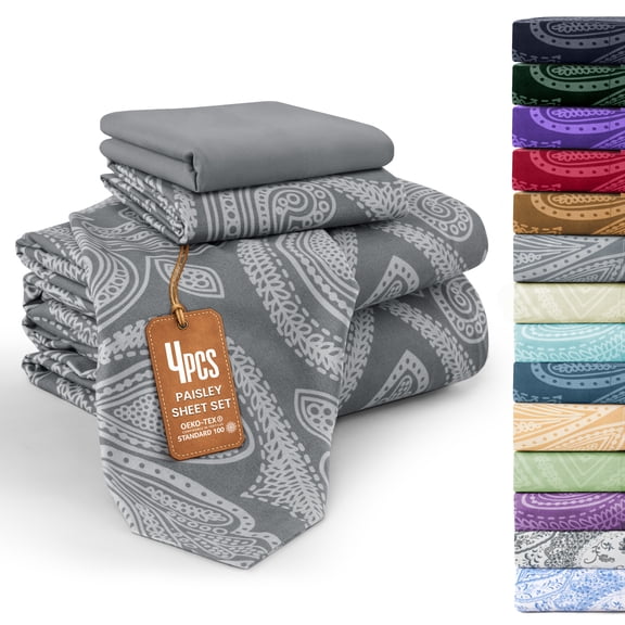 Lux Decor Twin 4 Piece Bed Sheet Set - Paisley Printed Microfiber Sheets, Ultra Soft, Deep Pocket, Wrinkle-Free, Breathable, OEKO-TEX Certified - Twin, Grey