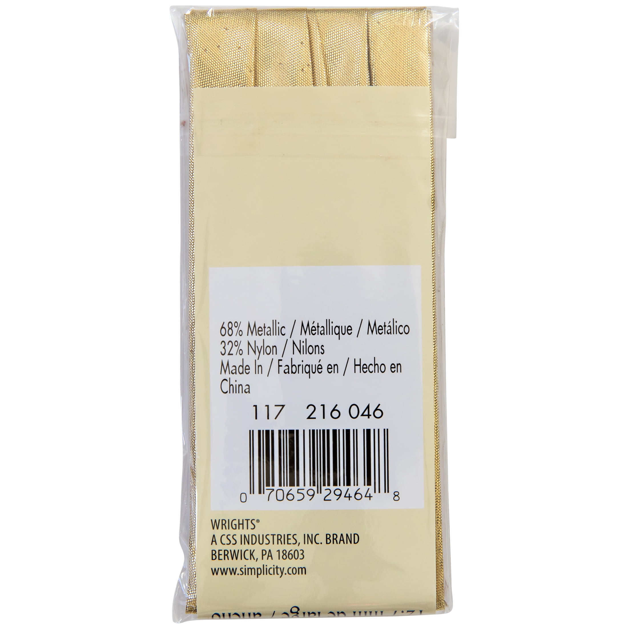 (2 pack) Wrights Bias Tape, Gold, 1/2" Lame Double Fold Bias Tape Binding For Sewing And Crafts, 3 Yards, 1 Each