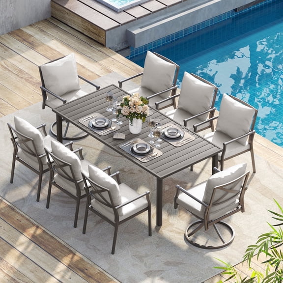HAPPATIO 9-Piece Outdoor Dining Set - Patio Dining Set for 8. Includes 1 Rectangular Table, 6 Dining Chairs, and 2 Swivel Chairs with Cushions, for Lawn, Garden