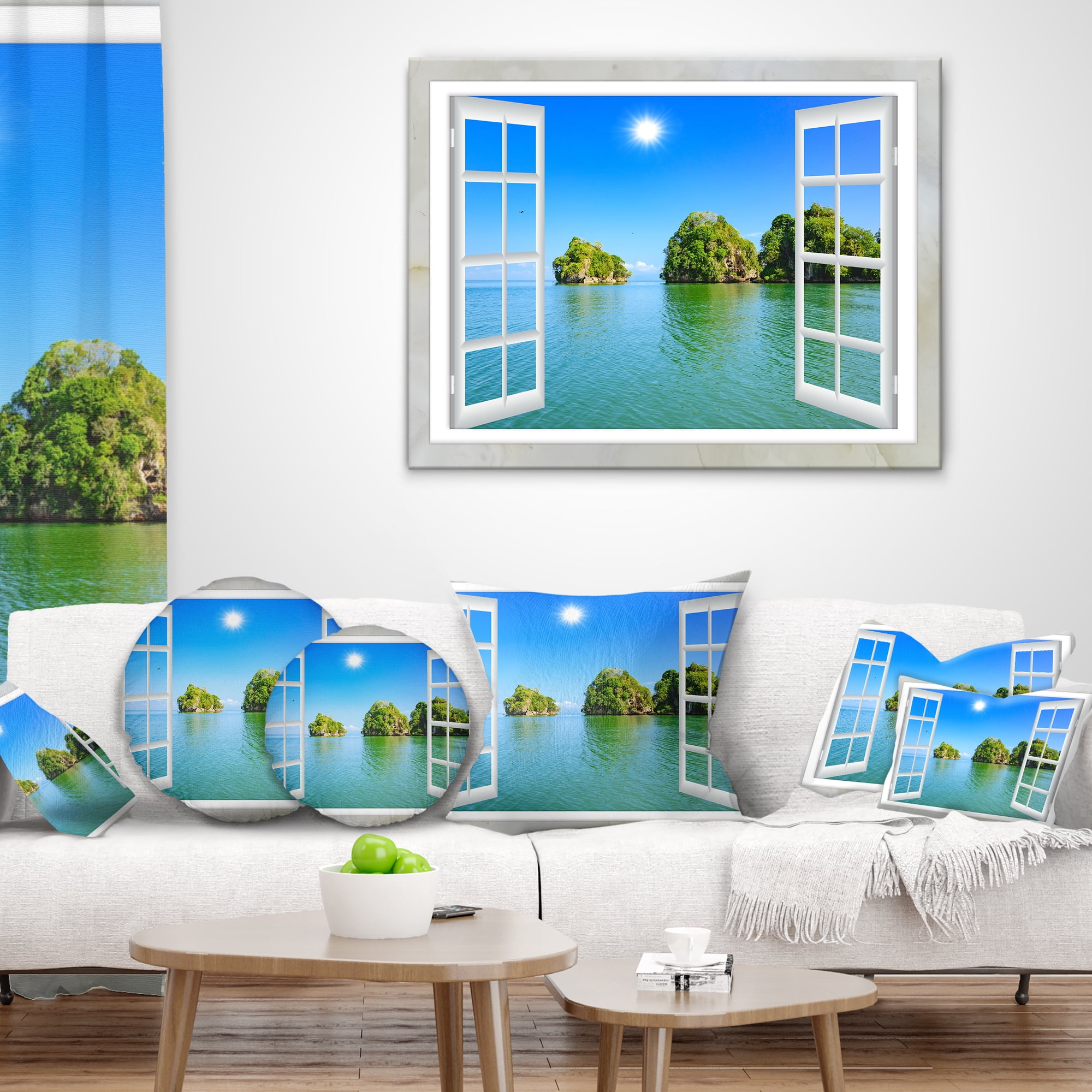 Designart Open Window to Ocean Islets - Landscape Wall Throw Pillow - 18x18