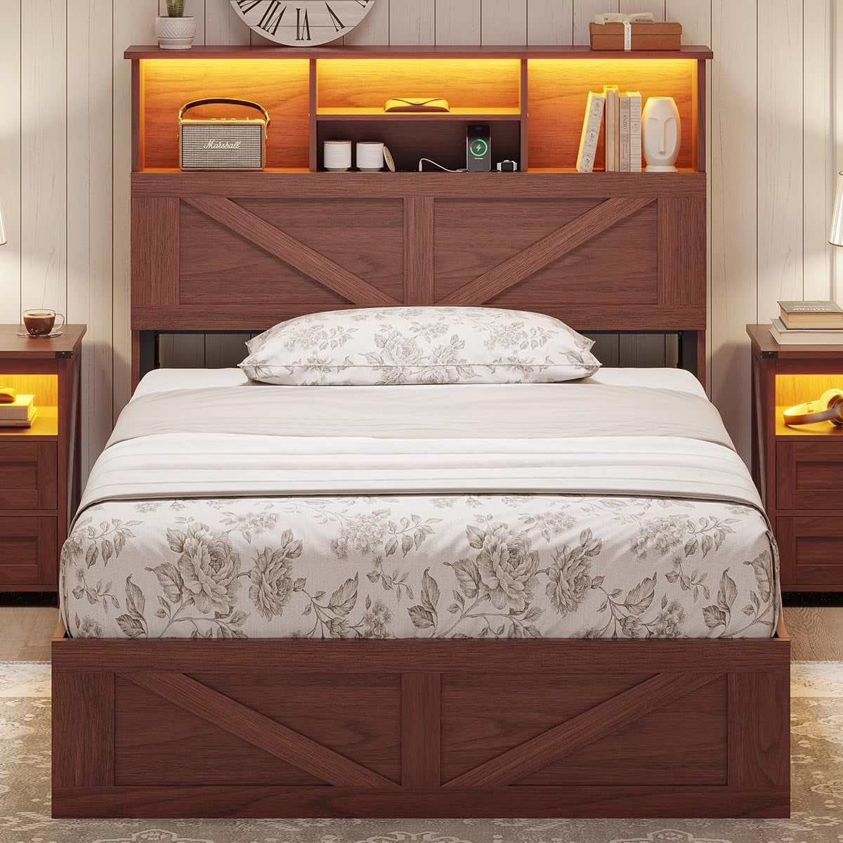 Twin Size Bed Frame, Farmhouse Wooden Platform Twin Bed with Storage Headboard Bookcase and 4 Footboard Storage Drawers Oak Brown