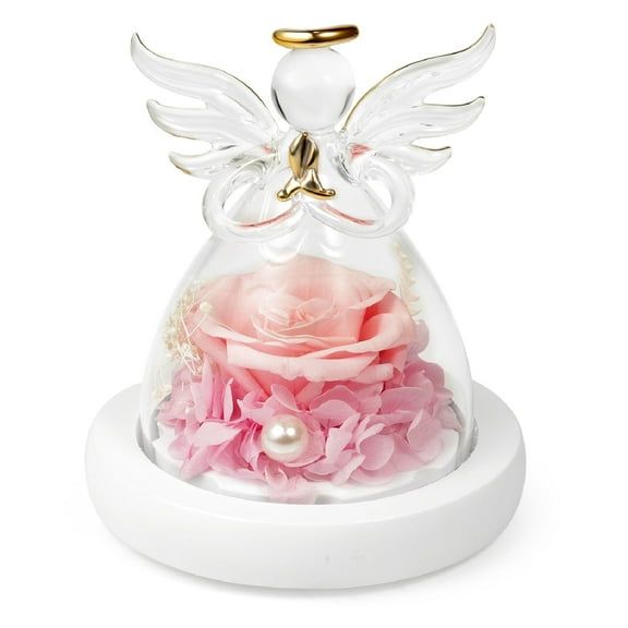 Eternal Rose In Glass Angel Figurines, Preserved Blue Rose Forever Flower With Led Light And Wood Base, Wedding Anniversary Mother's Day Birthday Romantic Gift For Her