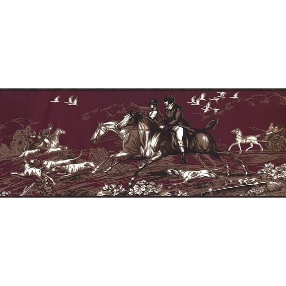 Concord Wallcoverings Wallpaper Border Vintage Pattern People Horses Birds Dogs Chariot for Living Room Cottage, Burgundy Brown White, 9 Inches by 15 Feet EP7100B