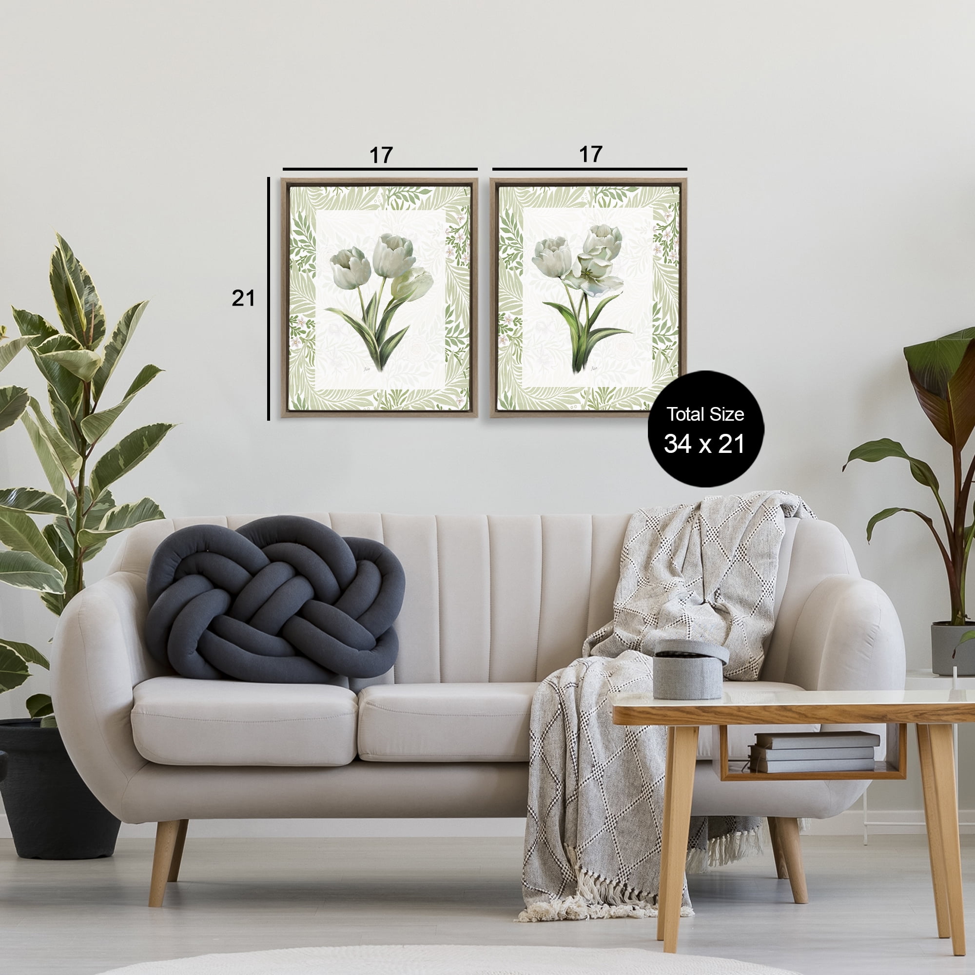 Stupell Industries Soft Green Tulip Trios 2 Piece Brown Framed Floater Canvas Set, design by Nan