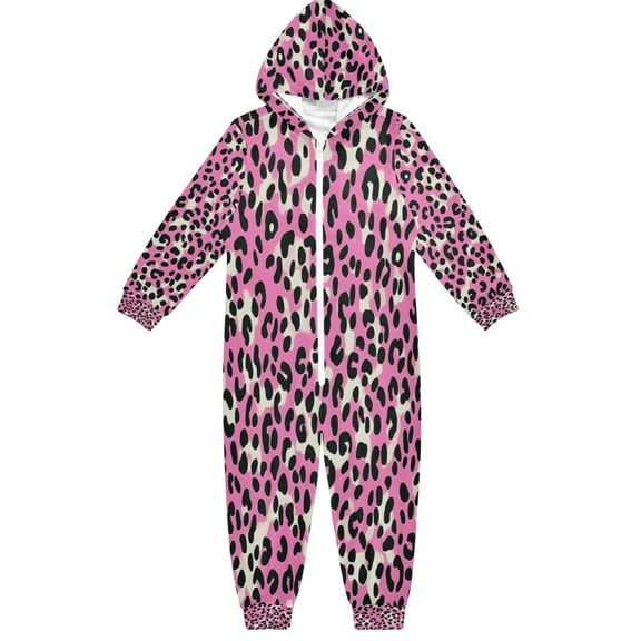 Soft Big Kids Onesie Pajamas Cozy Loose-Fit Jumpsuits for kids with Pockets for Christmas Lounge & Play Pink and Black Leopard