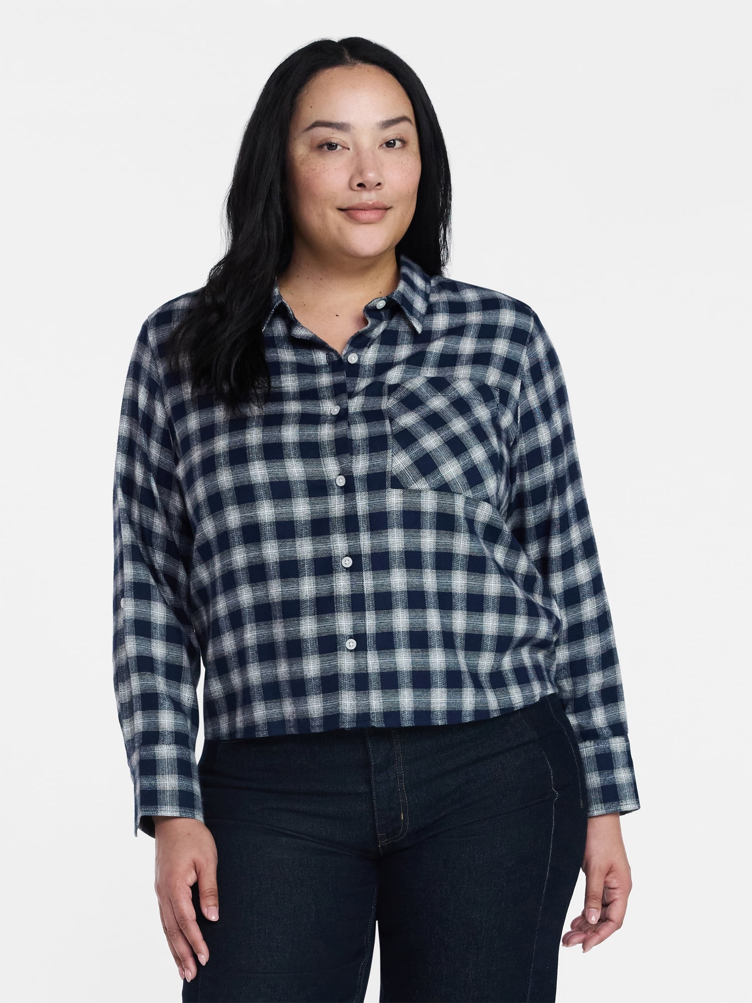 Time and Tru Women's Cropped Flannel Shirt, Sizes XS-XXXL