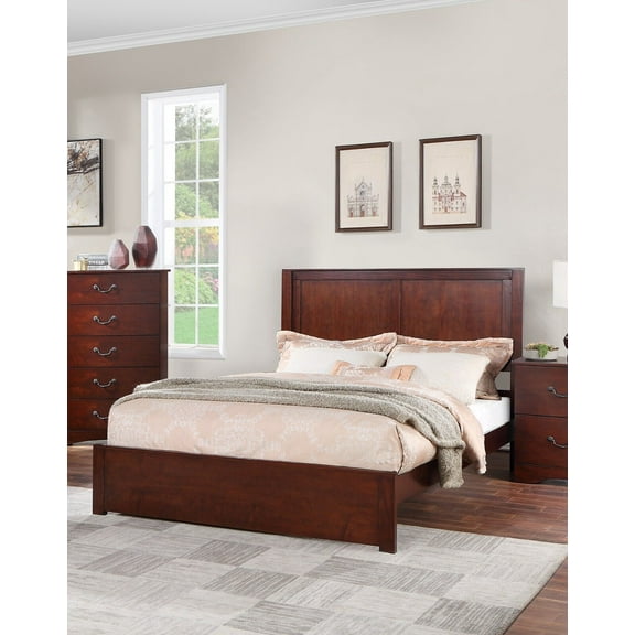 California King Size Bed 2-Panel Design Headboard Chic Simple Light Tan Finish Wooden Bedroom Furnuiture 1pc Bedframe