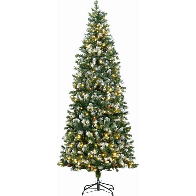 HOMCOM 7.5ft Slim Prelit Artificial Christmas Tree with Snow-Dipped Branches, LED Lights, Colourful Powder - Green