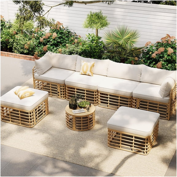 7-Piece All-Weather Wicker Patio Furniture Set, Modular Outdoor Sectional Sofa with Thick Cushions, Ottoman and Coffee Table for Garden, Deck, Porch, Beige
