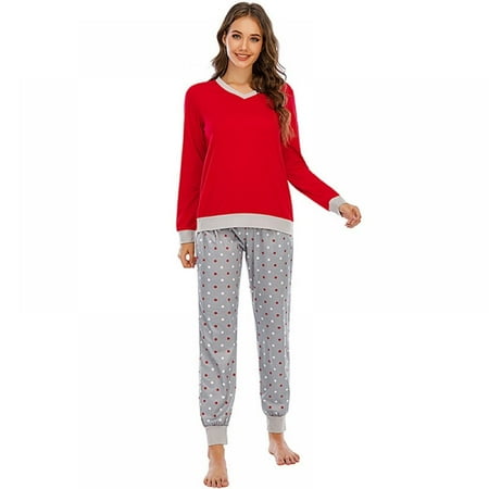 

Women Pajamas Autumn Winter Long-sleeved Solid Top Polka Dot Pants 2-Piece Set Pyjamas Casual Comfy Homewear Sleepwear