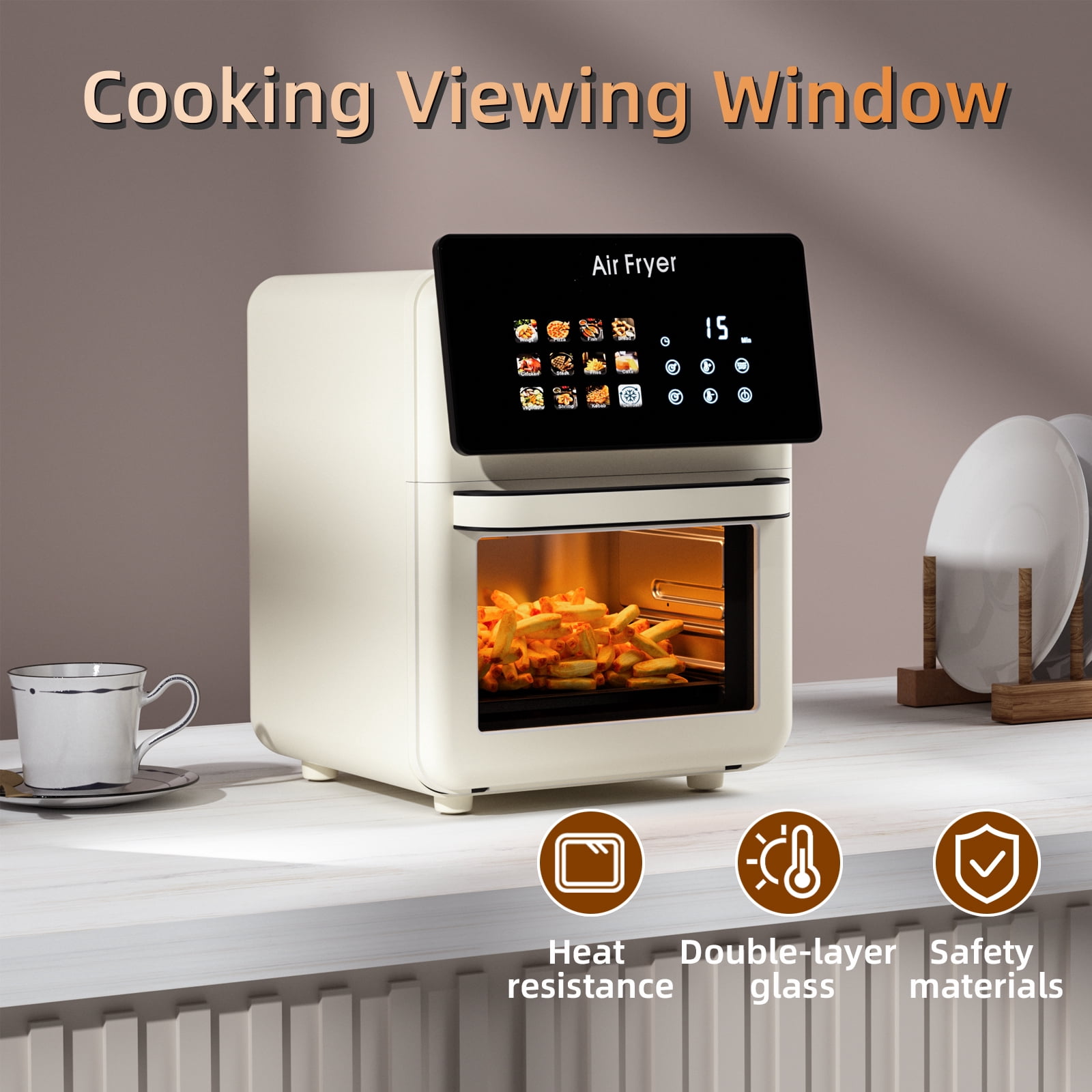 AboveMoon 10L Large Air Fryer Oven With Grill Combo For Kitchen Countertop Use,12 in 1 Smart Convection Ovens,AirFryer With Glass View Window,Nonstick Basket,Fryer Liners,Removable Door-White