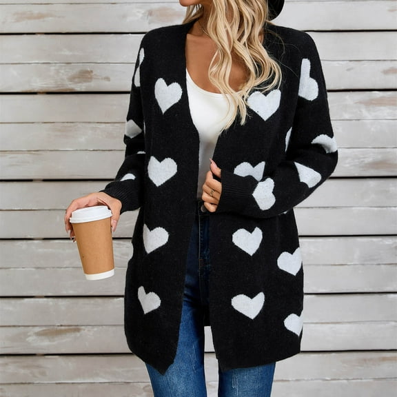 Amidoa Cardigan Womens Sweaters Long Sleeve Black Valentines Pockets Heart Knit Long Cardigans Women's Cardigans L