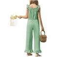 thumbnail image 5 of Summer Ruffle Sleeve Girls Plain Casual Jumpsuit Children Kids Elastic Waist Wide Leg Romper for 5-14 Years, 5 of 6