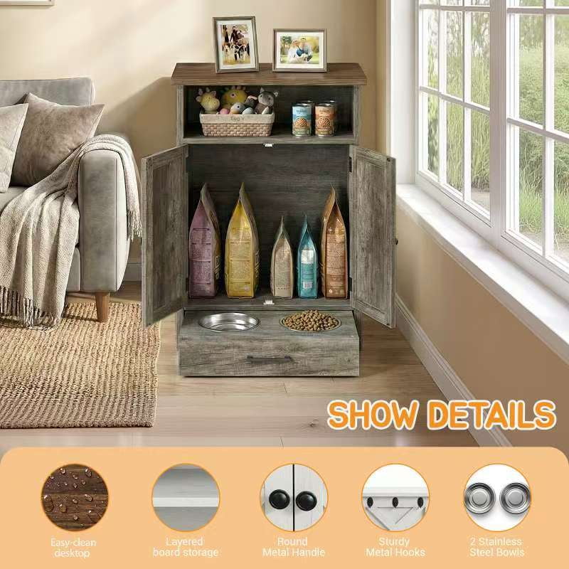 Dog Feeding Station with Storage Cabinet, Pet Feeder Station Cabinet with 3 Side Hooks, Raised 2 Elevated Dog Bowls & Hidden Pull-Out Drawer