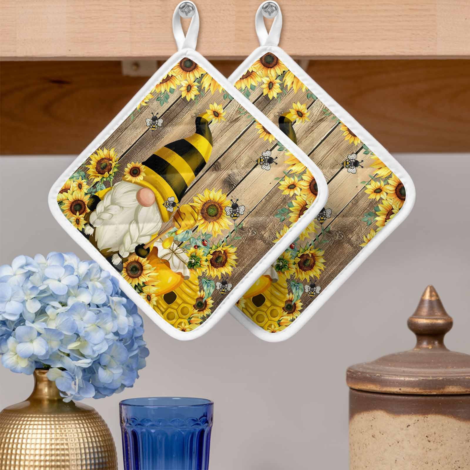 Yellow Sunflower Pot Holders for Kitchen Heatproof Potholder, 3 Pack Farmhouse Wood Grain Bees Gnomes Hot Pads Multipurpose Oven Pads Cloth Potholders Trivet for Cooking Baking
