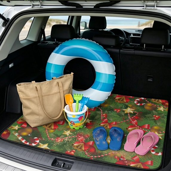Jeiento Pine Bow Candy Cane Holiday Car Trunk Liner Anti Slip Vehicle Rear Mat Scratch Proof For Truck Van Winter Festive Decor