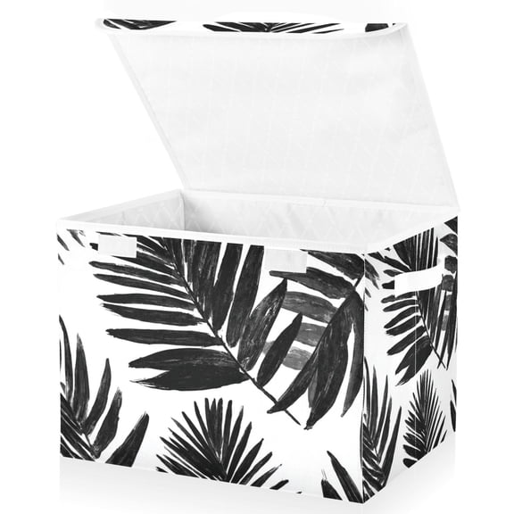 Foldable Fabric Storage Bin With Handle Collapsible Basket Box Storage With Lid Organizer Black Palm Leaf