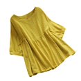 thumbnail image 3 of Usmixi 2023 Summer Cute Tees Summer Shirt for Women Elbow-Length Crewneck Casual Trendy Tops Solid Hollowed Loose Cotton Linen Hem Blouse Yellow l, 3 of 3