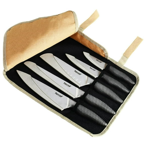 Hecef 11 Piece Kitchen Knife Set, Stonewashed High Carbon Stainless Steel Camping knife with Roll Bag