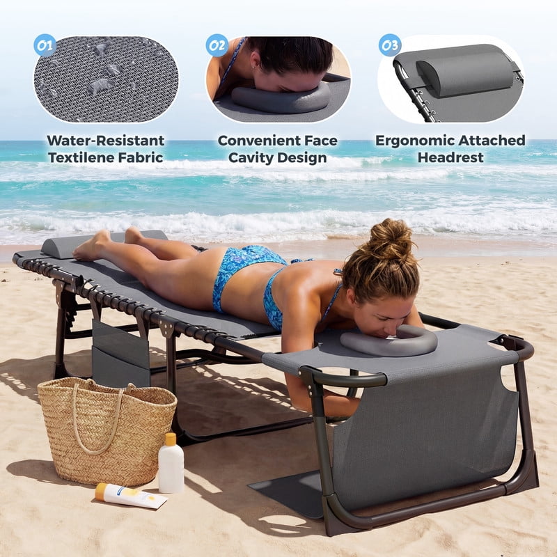 Lacoo Teslin Foldable Lounge Chair, Outdoor Chaise Lounge with Sauna, 5-Position Adjustable Beach Chair, Gray