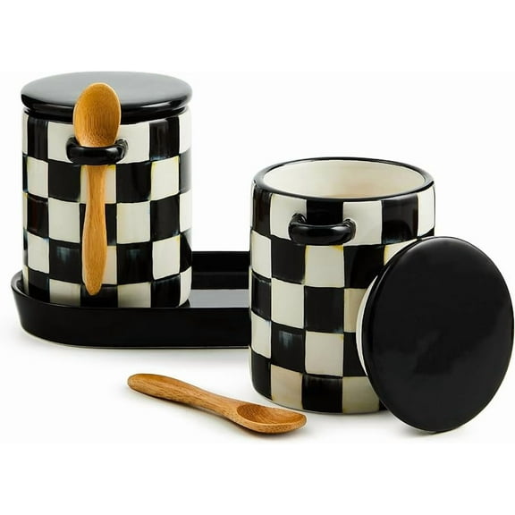 Set of 2 Ceramic Farmhouse Canisters, Kitchen Storage Containers with Lids, Black-and-White Rosy Check