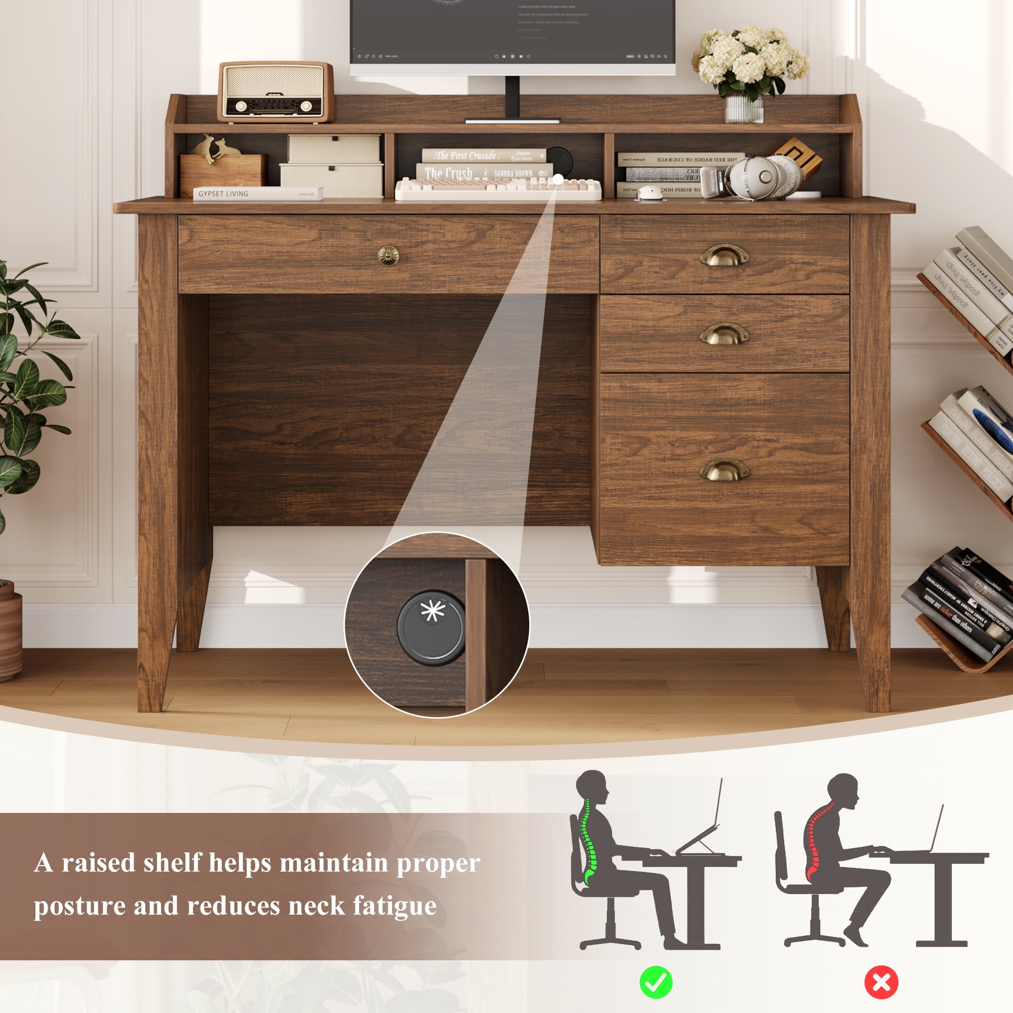 Homfa 47 in Computer Desk, Home Office Writing Table with 4 Drawers & Hutch Shelf, Rustic Brown