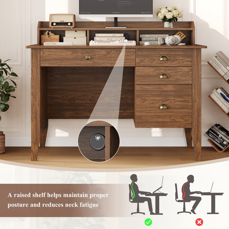 Homfa 47" Computer Desk with Drawers & Hutch, Rustic Brown photo 4