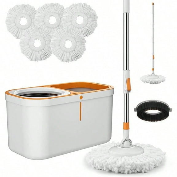 Spin Mop Bucket with Wringer System Extended Mop Handle 61Mop and Bucket for Floors Cleaning with 5 Replacement Head Refill 1 Cleaning Brush Head