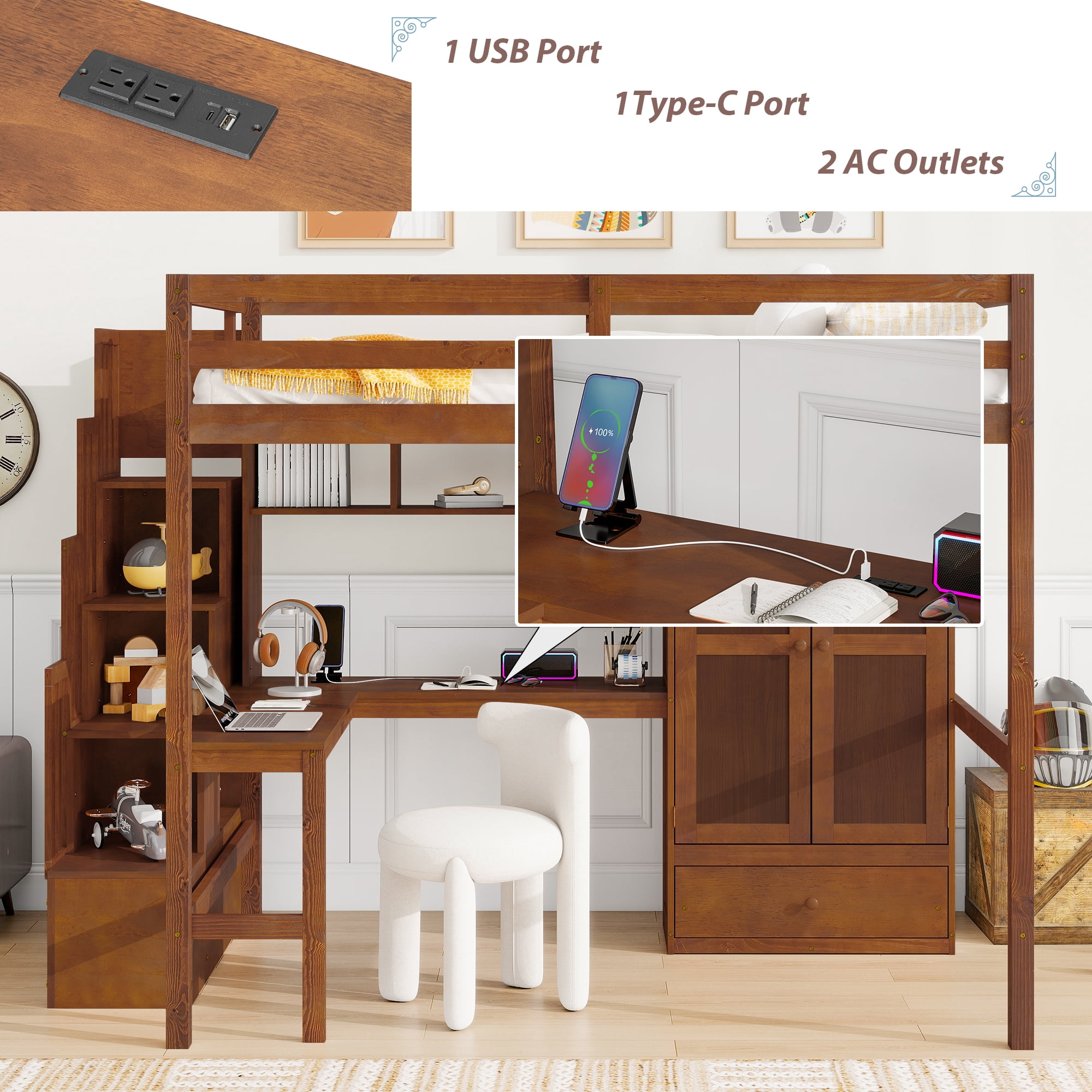 Mintazer Full Size Loft Bed with L-Shaped Desk & Wardrobe, Loft Bed with Storage Staircase & Charging Station, Walnut