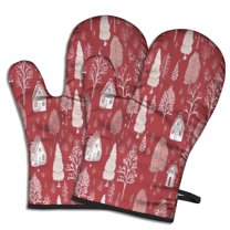 Cute Oven Mitts,Red Christmas Village Pattern Oven Mitt 2-Pack Set,Kitchen Gloves for Oven,Heat Resistant Oven Mitts 7.7"x12"