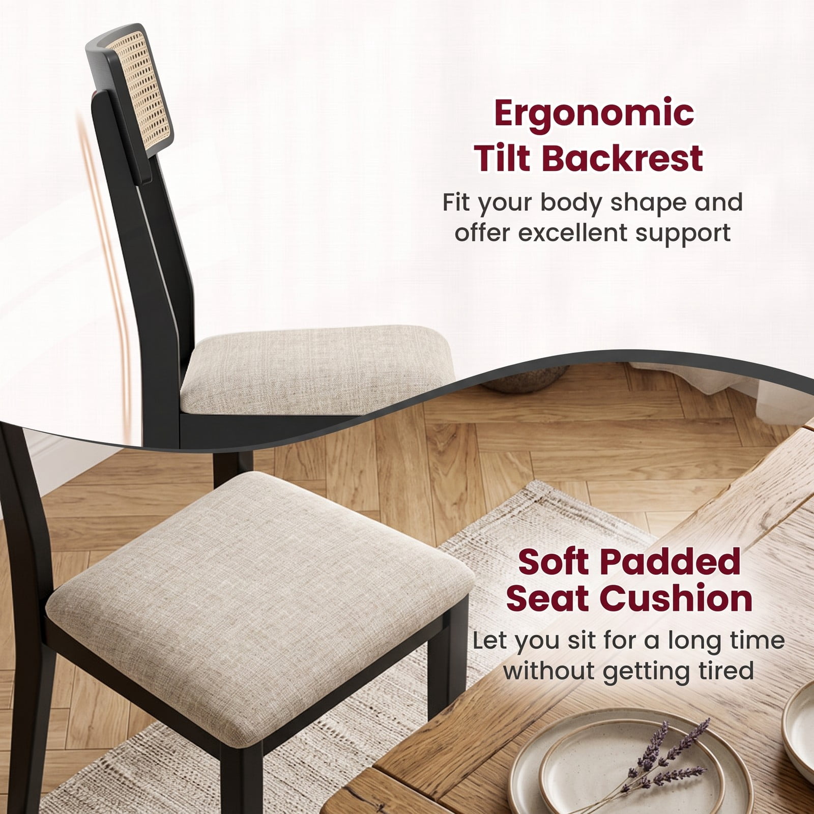 Furnibear Modern Dining Chairs Set of 2, Upholstered Linen-Feel Fabric Kitchen Chairs with Tilt Backrest and Solid Rubber Wood Legs, Padded Accent Side Chairs, Black