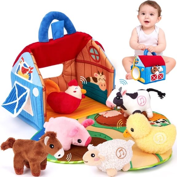 Baby Toys 6-12 Months, Soft Barn with Stuffed Farm Animals with Real Sounds, Montessori Learning Toys for 6 Month Baby, 1 Year Old Toddler Boy Girl Gifts