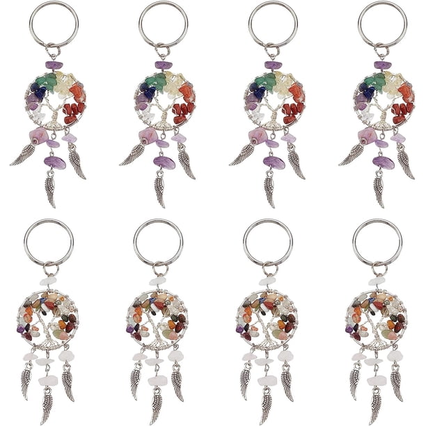 8 llaveros atrapasueños de amatista natural, cuarzo rosa, colgante de árbol de la vida, dijes de plumas de piedras preciosas.
