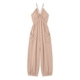 thumbnail image 5 of Tqcoqu Women's Plunge Halter Sleeveless Pleated Long Romper,Knit Jogger Maxi Jumpsuit with Pockets,Khaki Women's S-XXL, 5 of 6