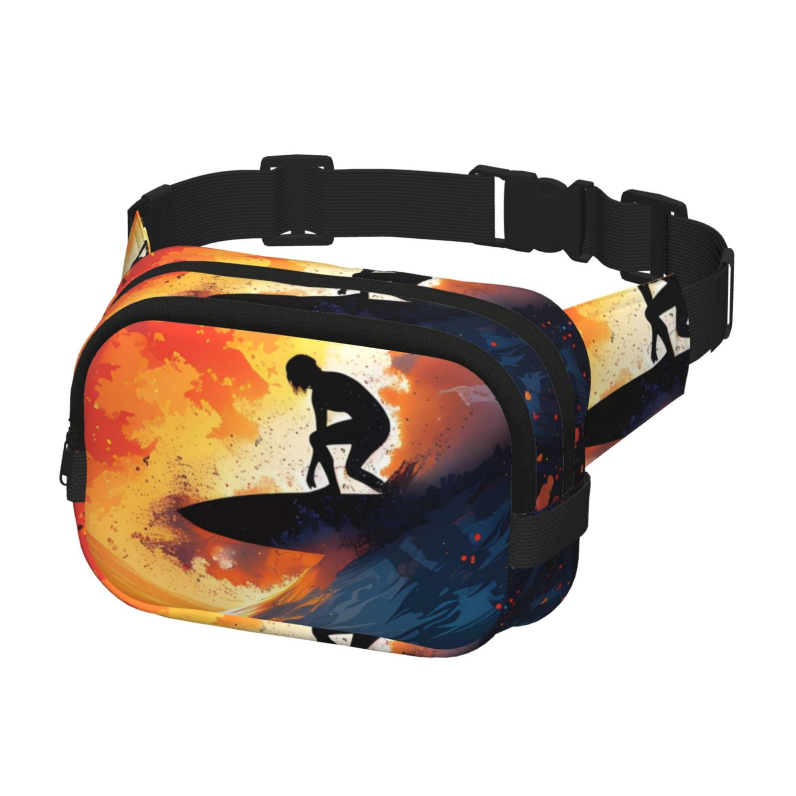Picia Sunset Surfing Silhouette Print Square Double-Layer Waist Bag Mini Adjustable Waist Belt Bag Exercise Running Travel Hiking