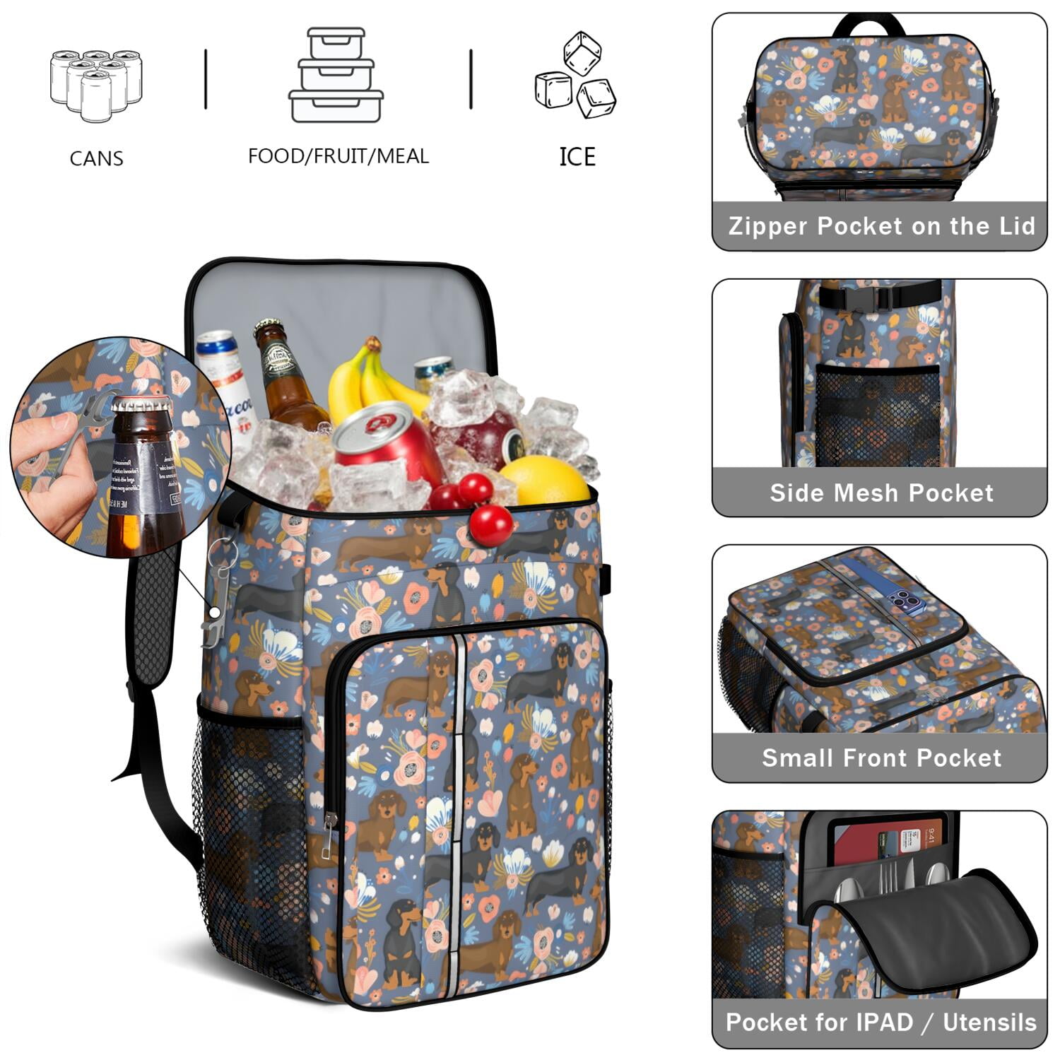 Travel Cooler Bag - Dachshund and Flower Camping Beer Cooler Backpack with Bottle Opener- Waterproof Insulated Picnic Backpacks - Cooler Bag for Beach