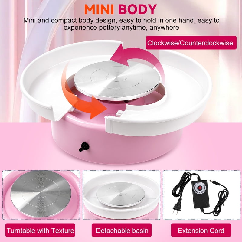 Mini Pottery Wheel，9.45”Pottery Wheel for Adults Beginners Kids, Movable Turntable with Adjustable Speed with 16 Pottery Shaping Tools，Pink
