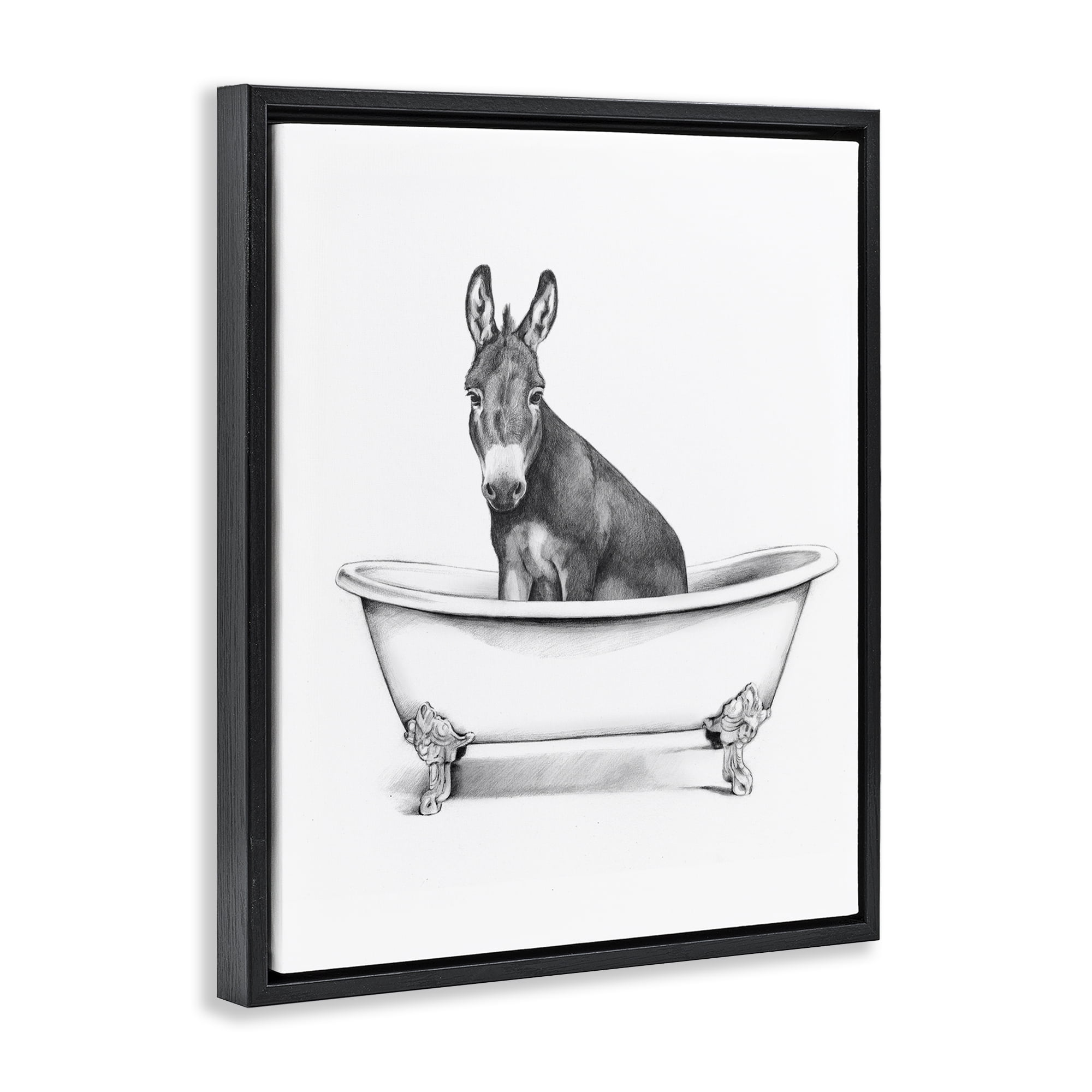 Stupell Industries Antique Tub with Donkey Bath & Laundry Painting Black Floater Framed Canvas Art Print Wall Art, 17 x 21