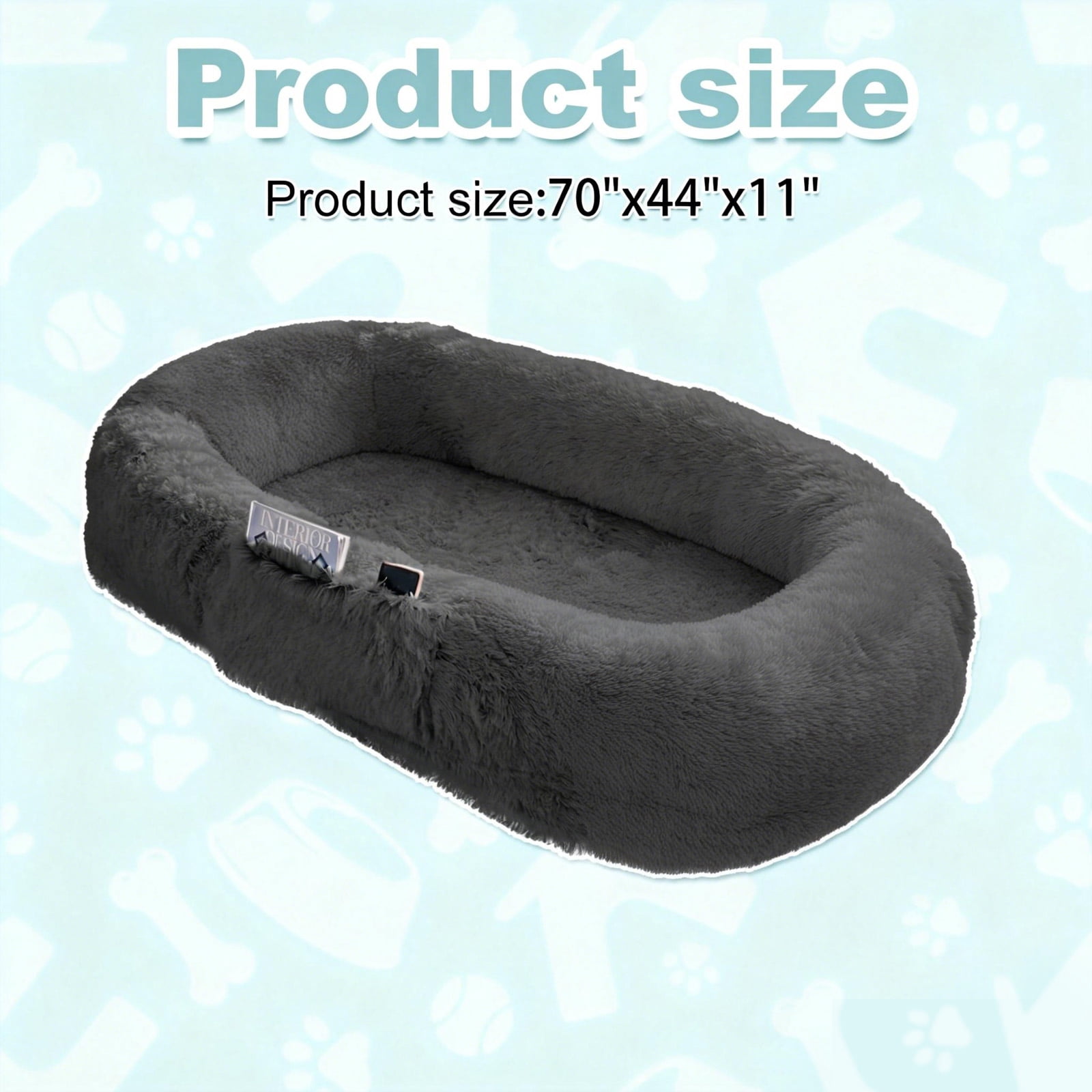 Dokdogs Oversized Human Dog Bed for Adults & Pets, 70"x44"x11" Washable Faux Fur Lounger with Orthopedic Support, Plush Pillow & Blanket Included - Black