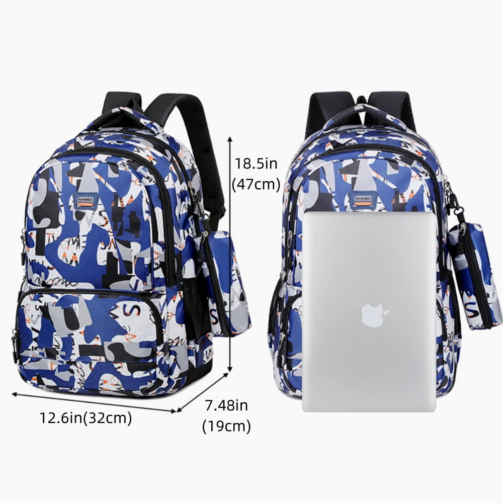 Juuar School Backpack for Boys Girls, Printed School Bag with Pencil Case, Lightweight Kids Bookbag for Back to School Supplies, Blue