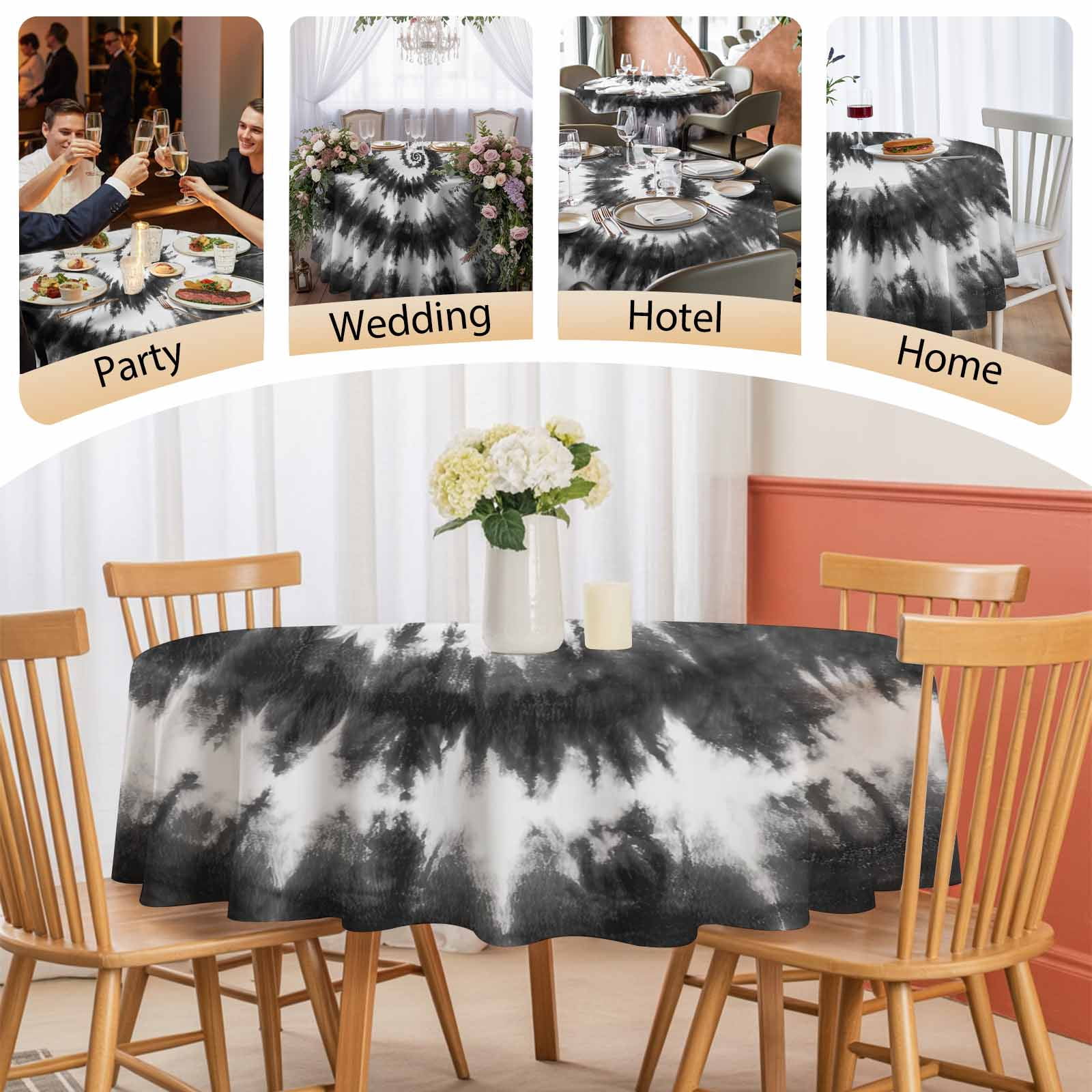 Round Tablecloth Abstract Explosion Tie Dye Waterproof Oil Proof Polyester Table Cloth Cover Decor for Home Dining Outdoor,Patio,Parties, 60" Dia. Black White