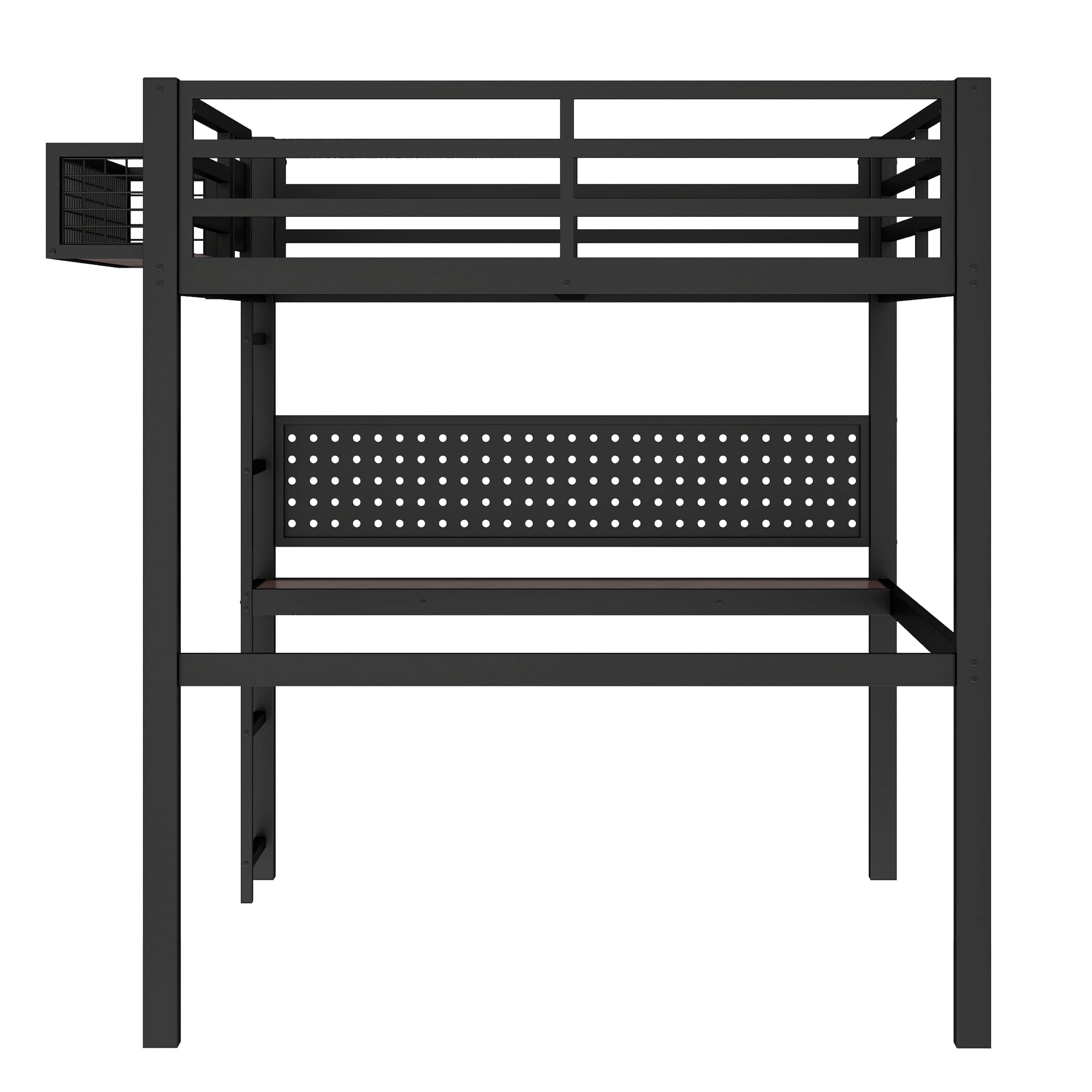 Leumius Full Size Loft Bed with Desk,Metal Loft Bed Frame with Charging Port,Clock and Storage Basket,Black