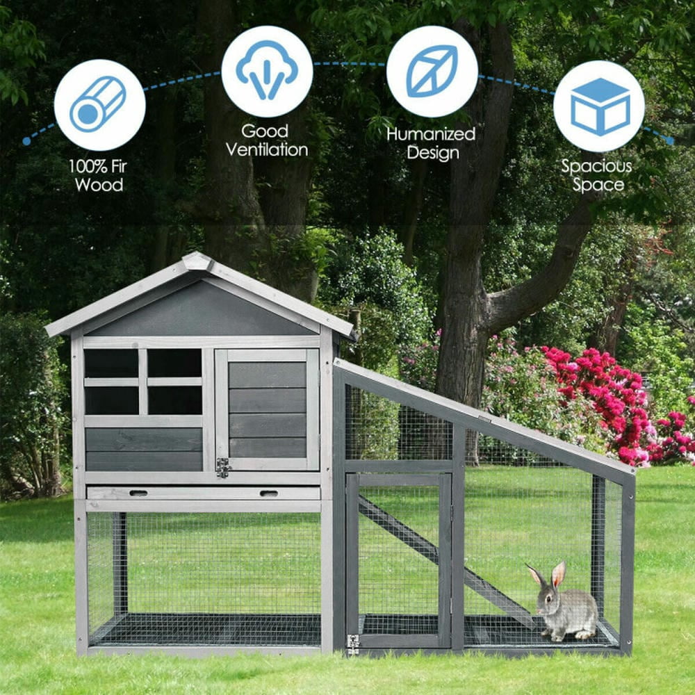 GVN Bunny Cage House Pet Cage,56.5 Inch Length Wooden Rabbit Hutch with Pull out Tray and Ramp