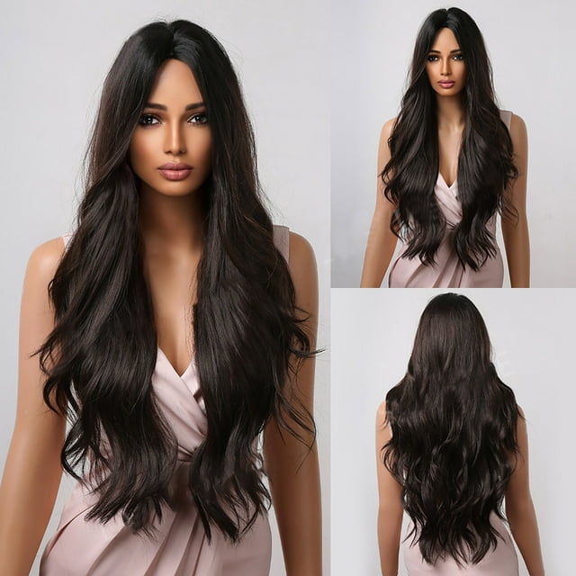 Puntoco Peluca de cuerpo negro para mujeres con cabello rizado de longitud media, peluca marrón 1B europea y malla rosa de seda mate