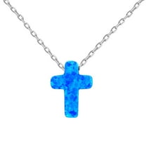 TheJewelryHut Fancy Designer Sterling Silver Small Blue Opal Cross Necklace