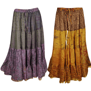 Mogul Womens Gypsy Skirts Vintage Sari Full Flare Tiered Bellydance Maxi Skirt Lot Of 2 Pcs