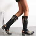 thumbnail image 3 of Flower Embroidered Knee High Cowboy Cowgirl Boots for Women 2025 Winter Fall Floral Wide Calf Dress Tall Boots Black Size 6, 3 of 5