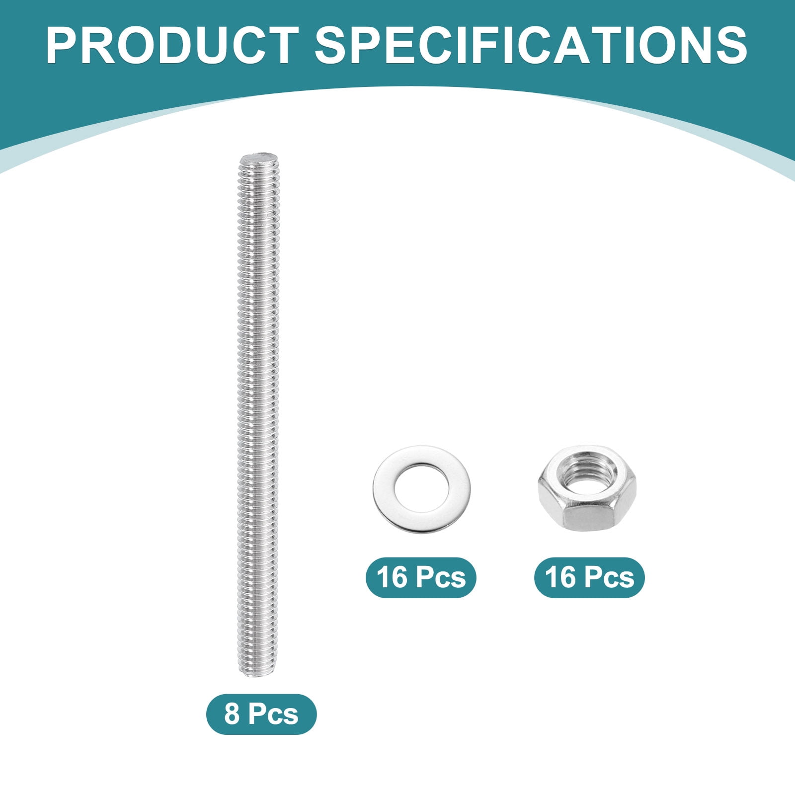 Uxcell 8pcs Fully Threaded Rod, M8 x 100mm 201 Stainless Steel Right Hand Threads Rods with Nuts and Flat Washer Fully Studding Rod Bar for Clamps, Hangers and U-Bolts