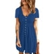 thumbnail image 1 of Vestido de mujer de color azul con escote en V, manga corta, cintura alta y botones delanteros, talla XL, primavera/verano, 1 of 6